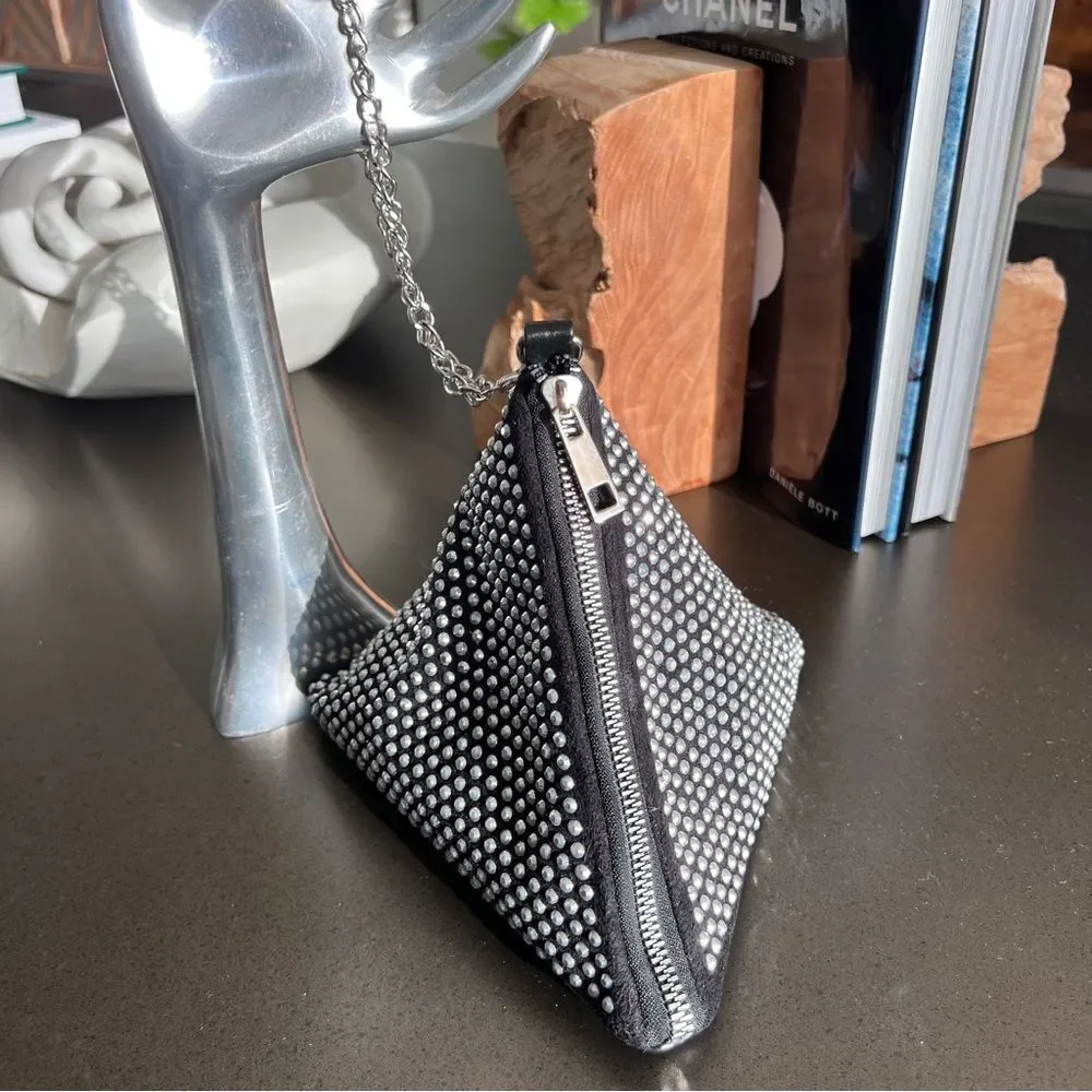 Black Triangular Studded Pouch with Silver Chain Zipper